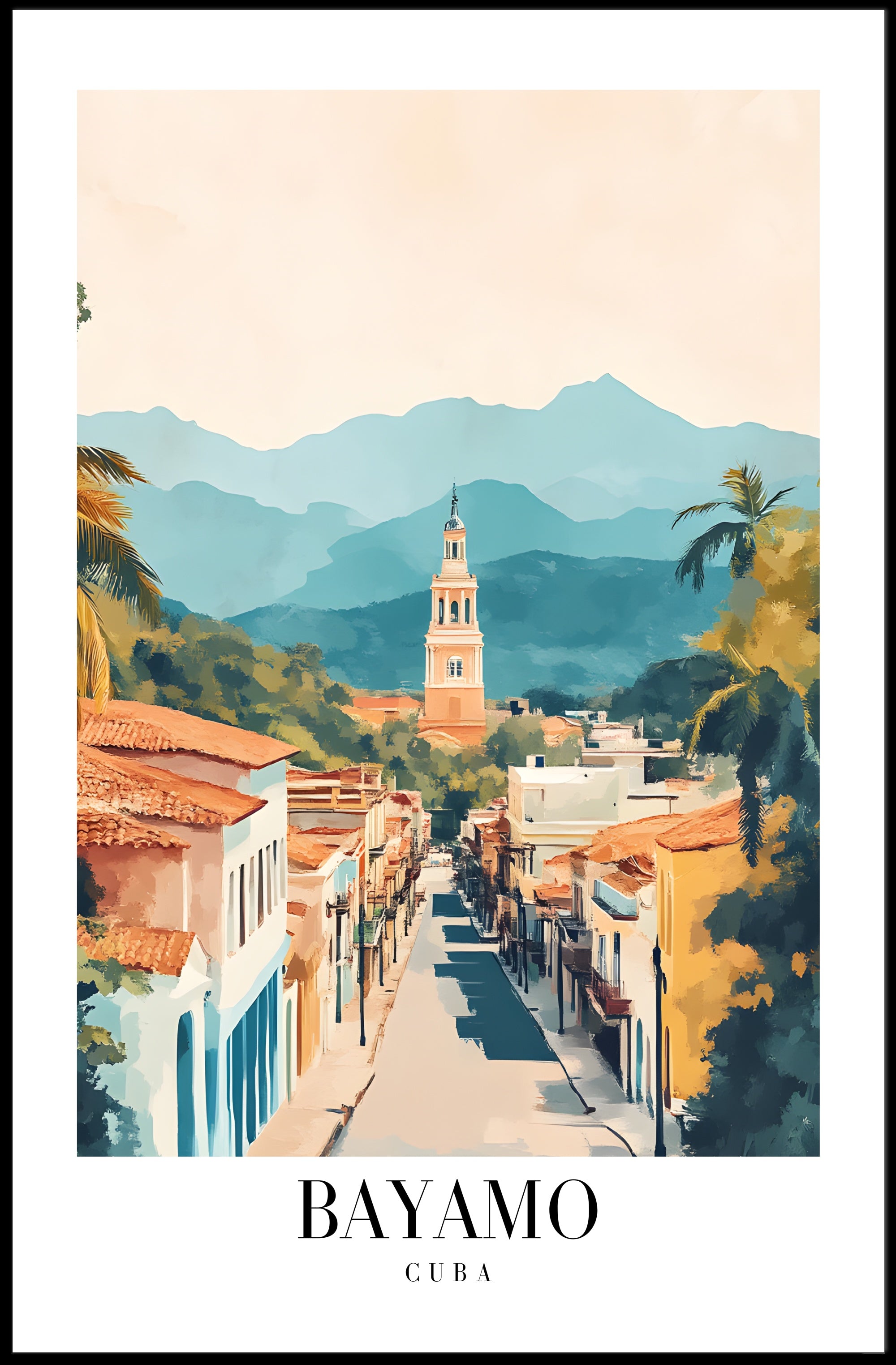Bayamo Cuba Street Scene Watercolor Travel Poster PosterGoat