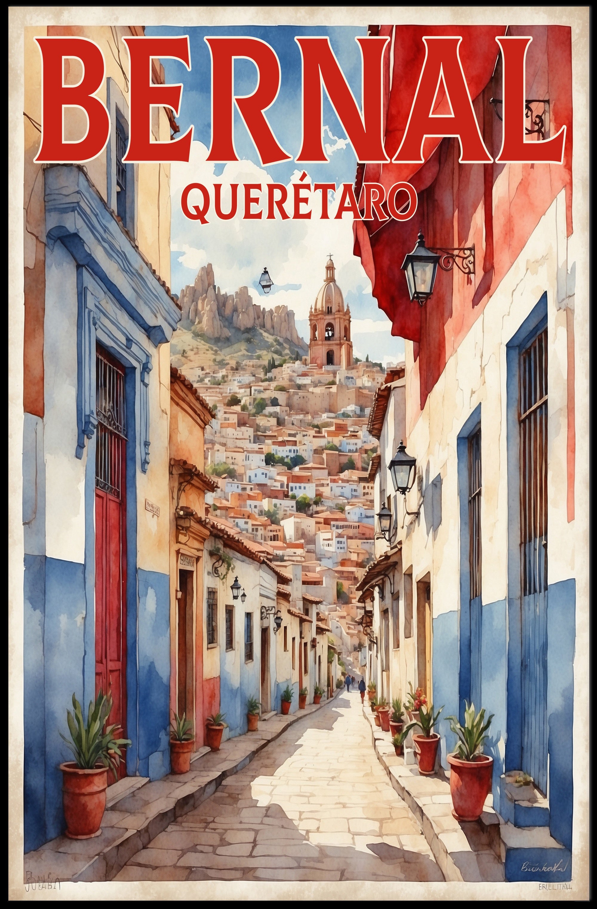 Bernal Street Scene Photorealistic Travel Poster PosterGoat