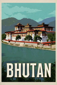 Bhutanese Dzong with Scenic Mountains Travel Poster PosterGoat