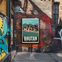 Bhutanese Dzong with Scenic Mountains Travel Poster PosterGoat