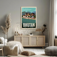 Bhutanese Dzong with Scenic Mountains Travel Poster PosterGoat