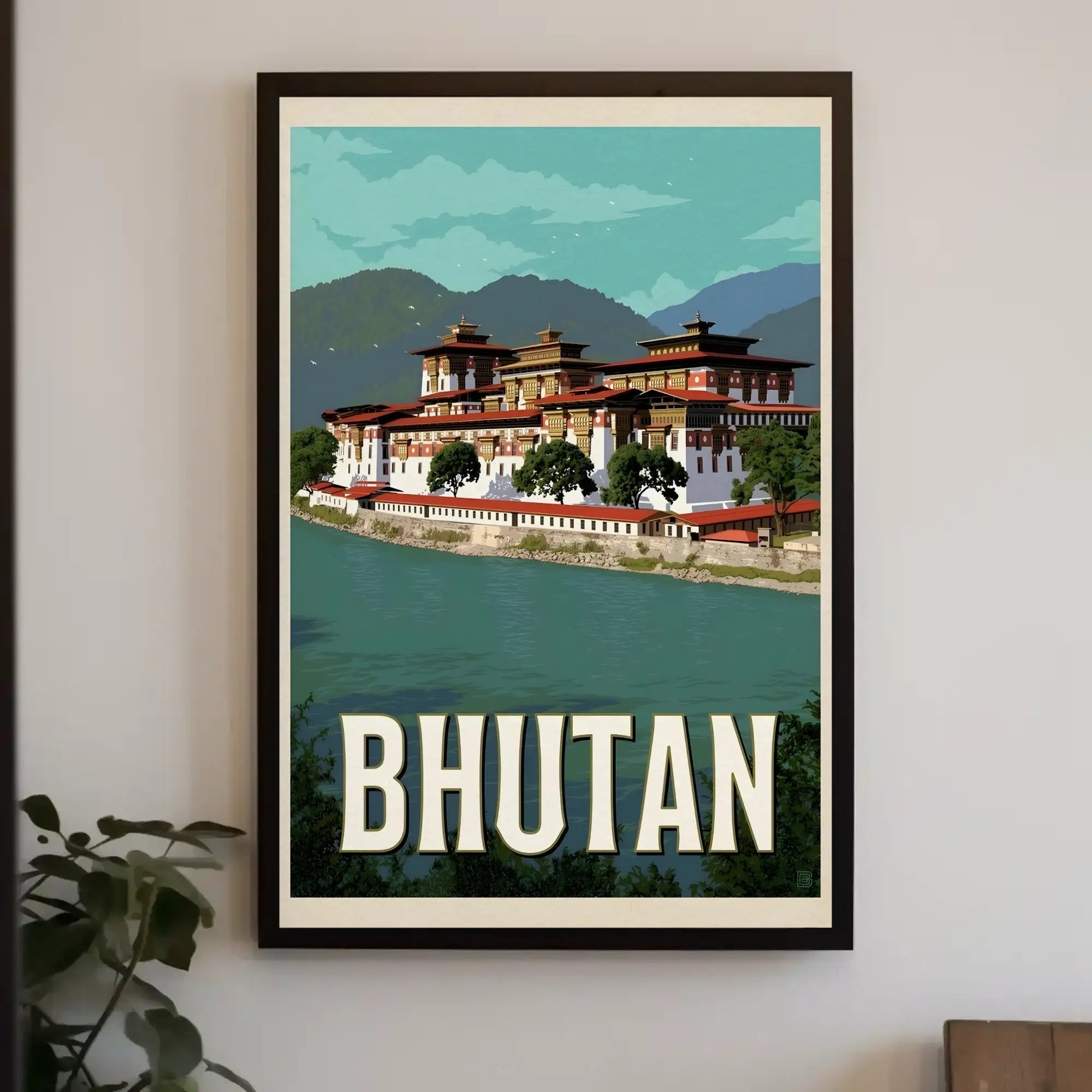 Bhutanese Dzong with Scenic Mountains Travel Poster PosterGoat