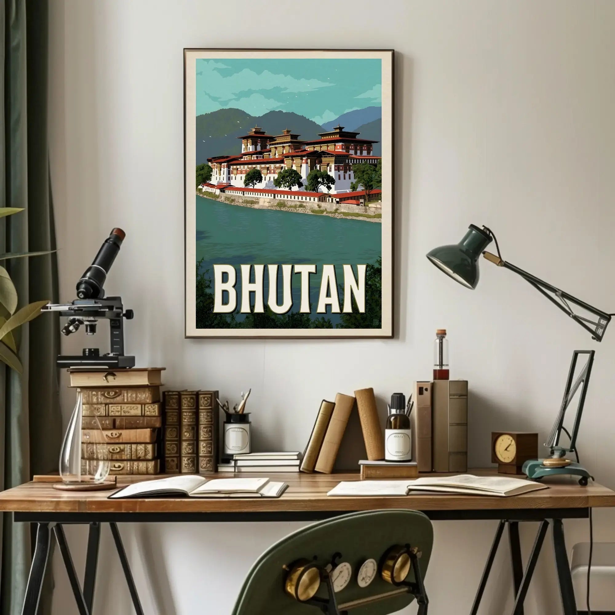 Bhutanese Dzong with Scenic Mountains Travel Poster PosterGoat