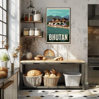 Bhutanese Dzong with Scenic Mountains Travel Poster PosterGoat
