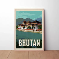 Bhutanese Dzong with Scenic Mountains Travel Poster PosterGoat