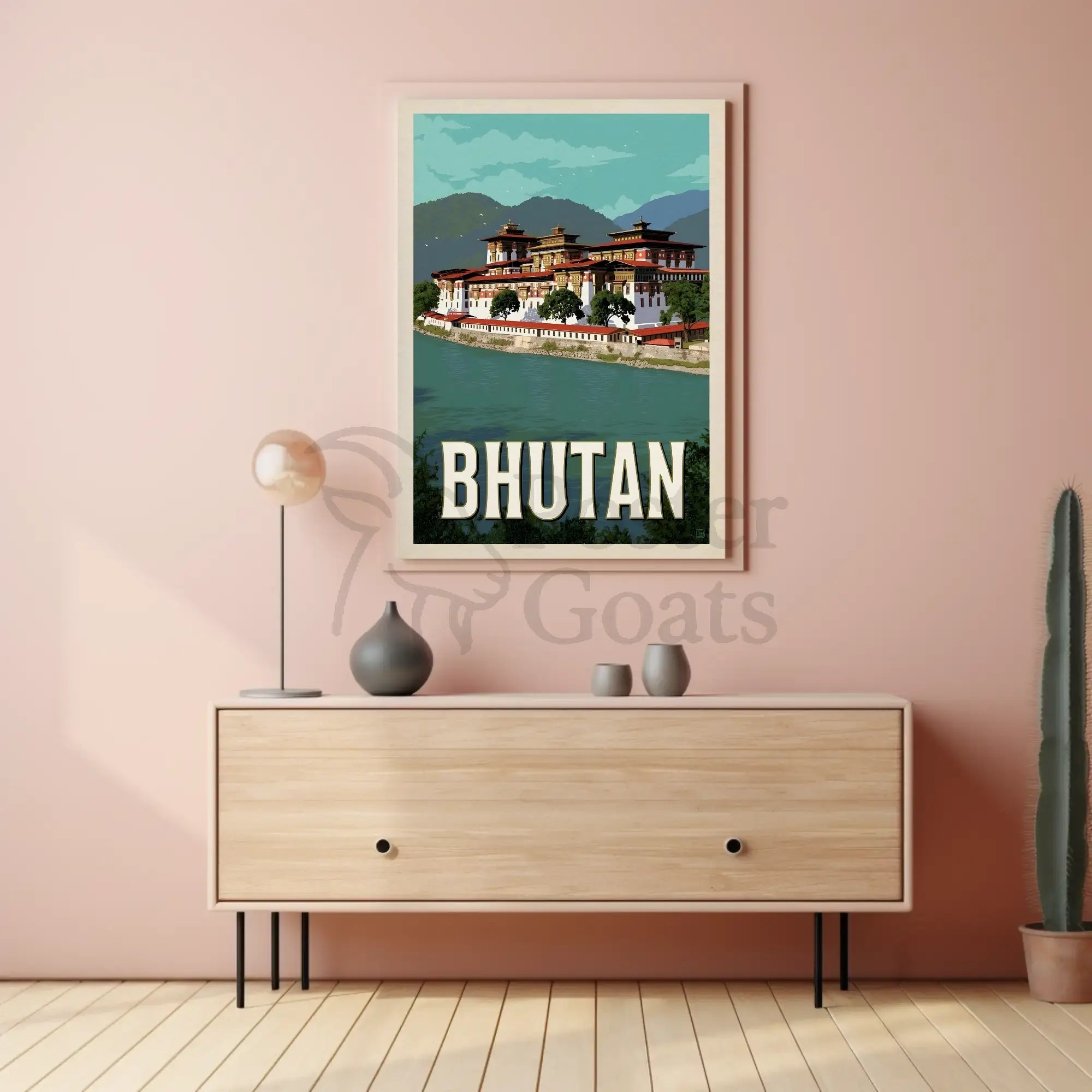 Bhutanese Dzong with Scenic Mountains Travel Poster PosterGoat