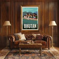 Bhutanese Dzong with Scenic Mountains Travel Poster PosterGoat