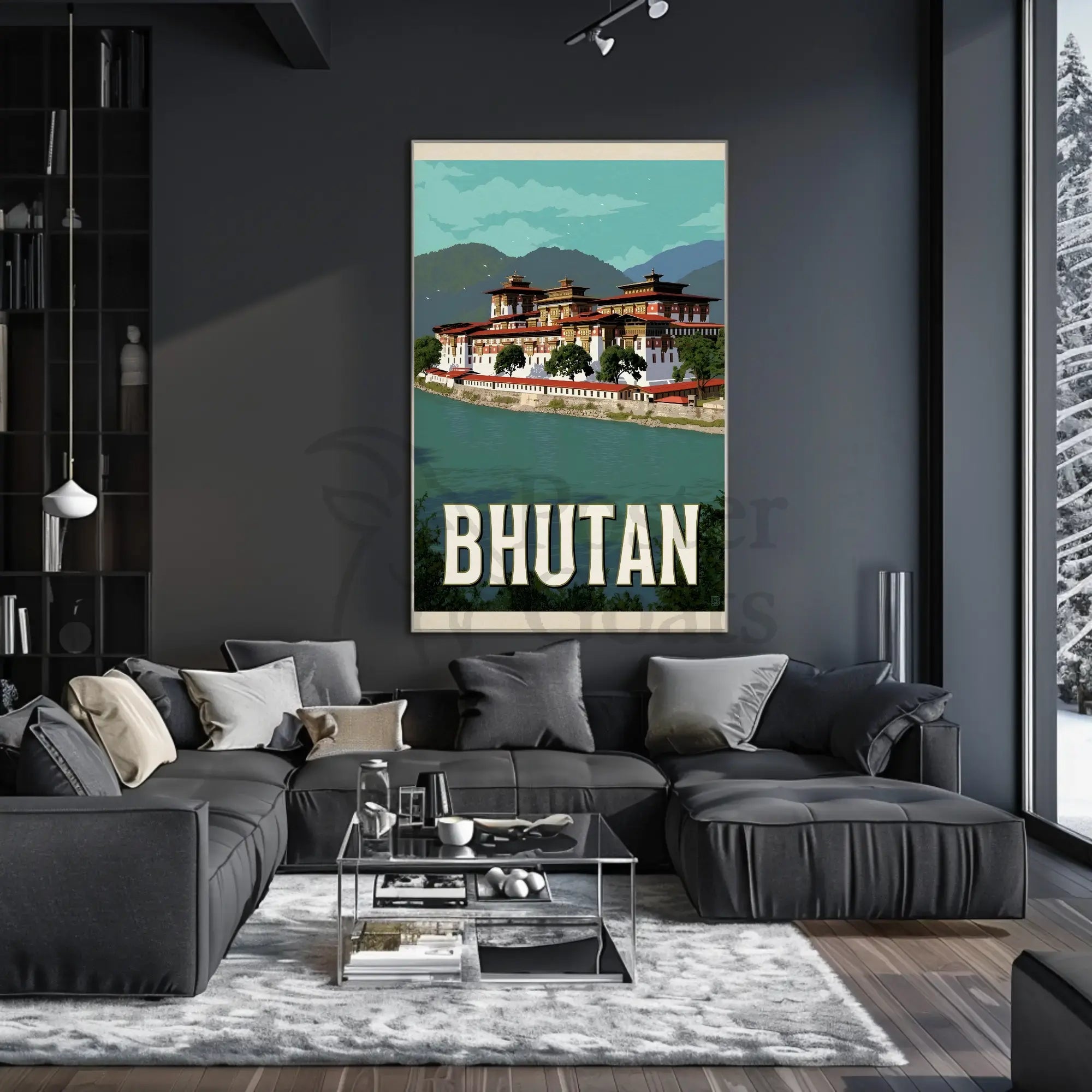 Bhutanese Dzong with Scenic Mountains Travel Poster PosterGoat
