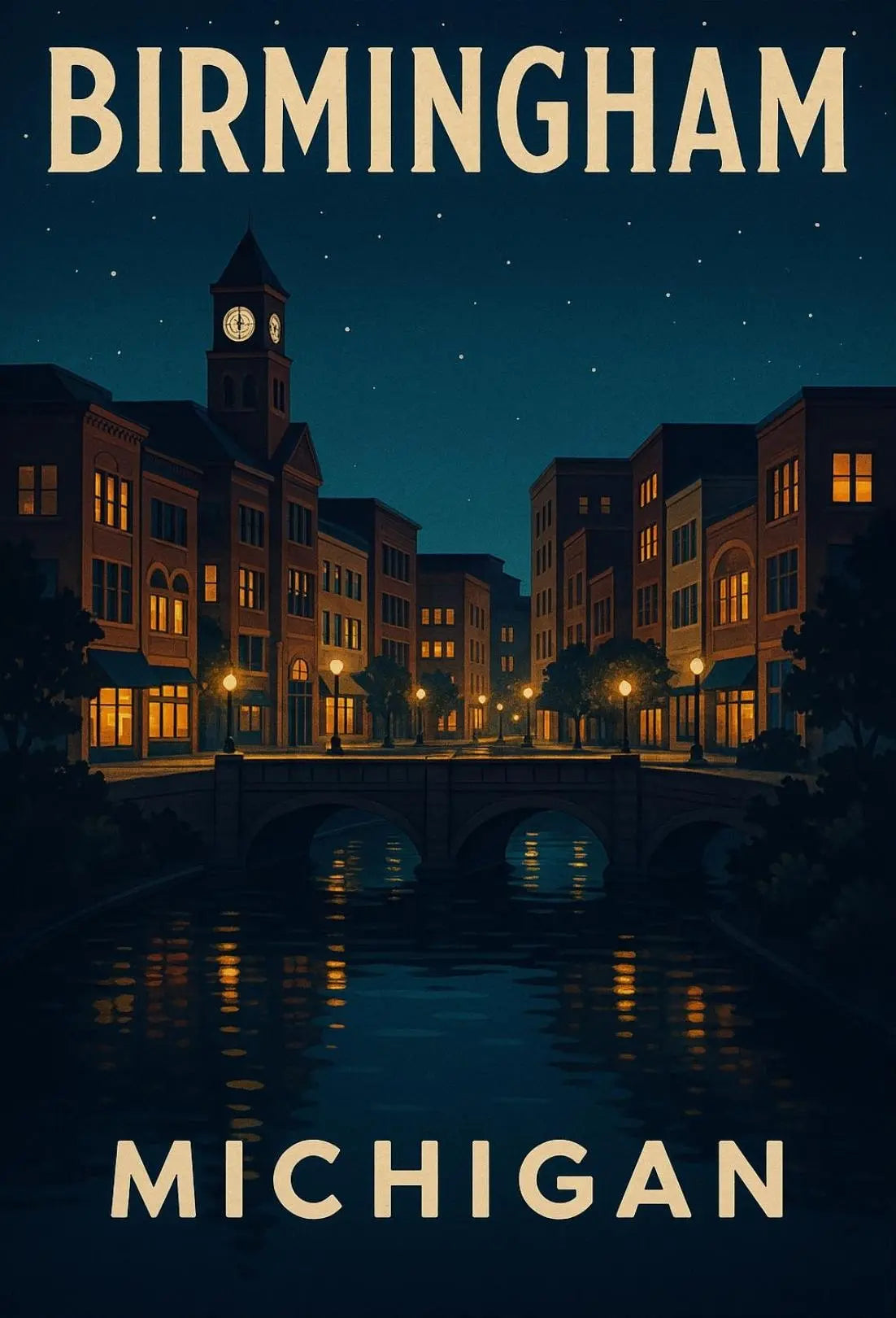 Birmingham Michigan Nostalgic Urban Nightscape Travel Poster PosterGoat