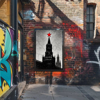 Black And White Clock Tower Illustration Poster With Red Star Decor PosterGoat