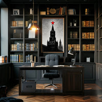 Black And White Clock Tower Illustration Poster With Red Star Decor PosterGoat