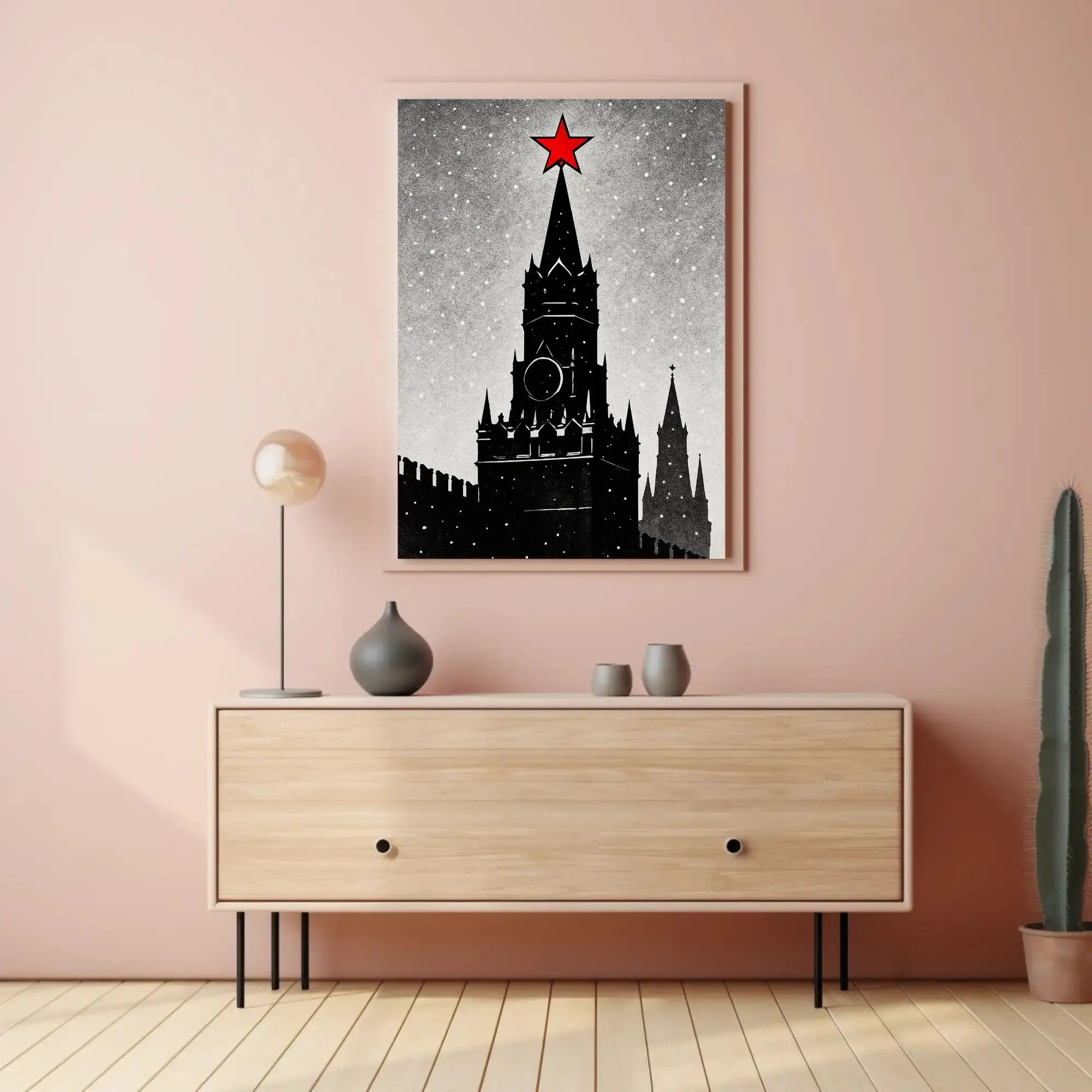 Black And White Clock Tower Illustration Poster With Red Star Decor PosterGoat