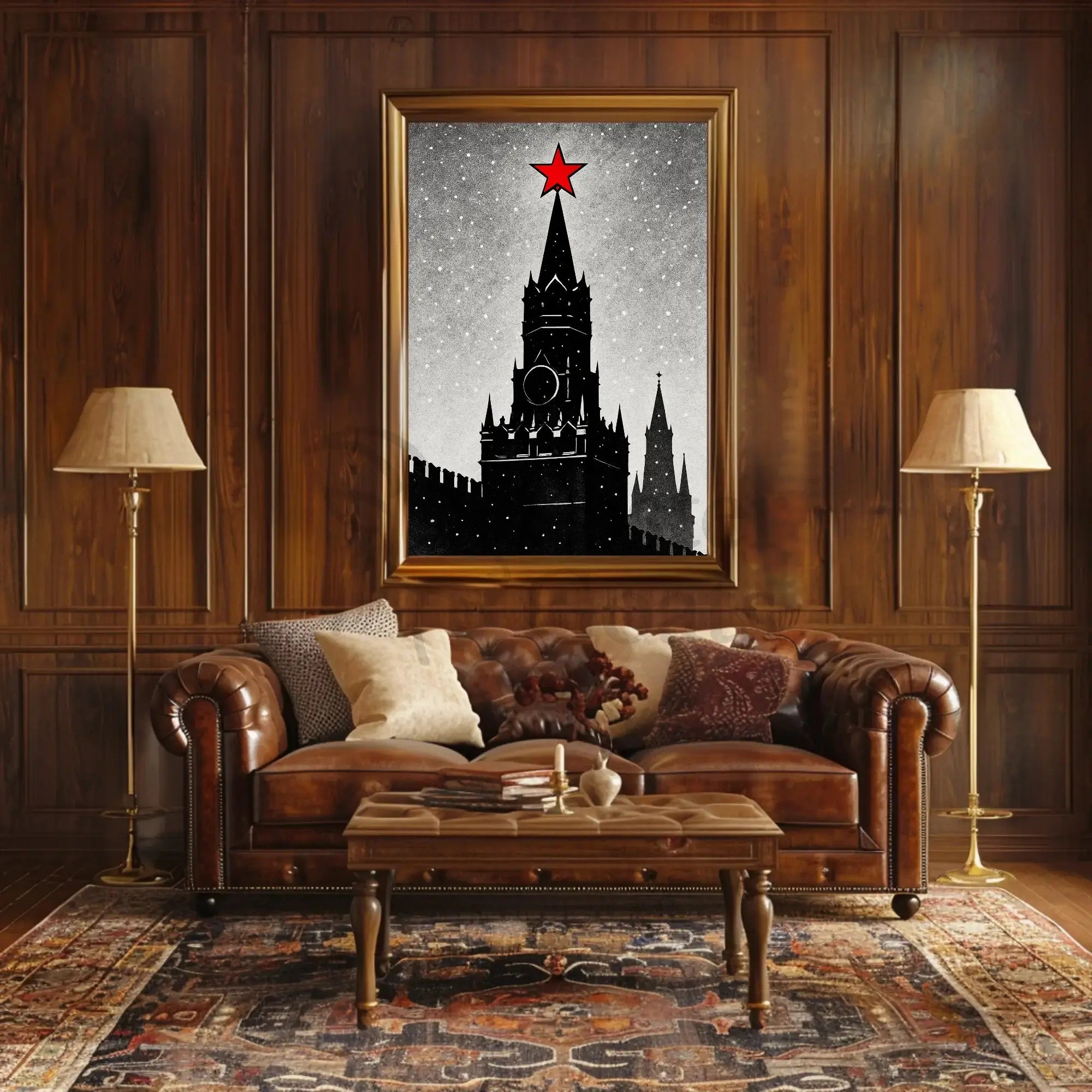 Black And White Clock Tower Illustration Poster With Red Star Decor PosterGoat