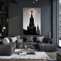 Black And White Clock Tower Illustration Poster With Red Star Decor PosterGoat