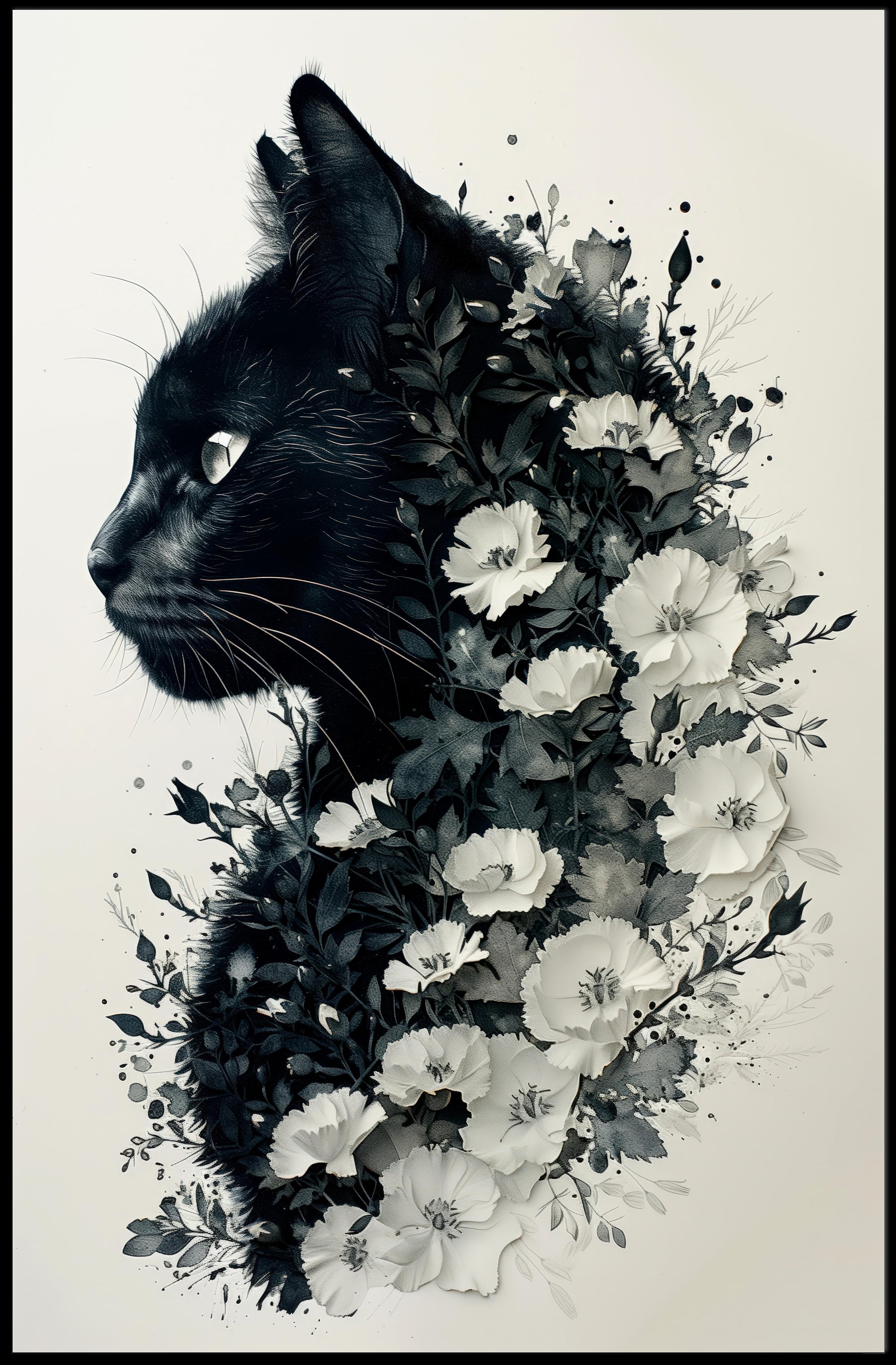 Black Cat and White Flowers Artistic Animal Poster PosterGoat