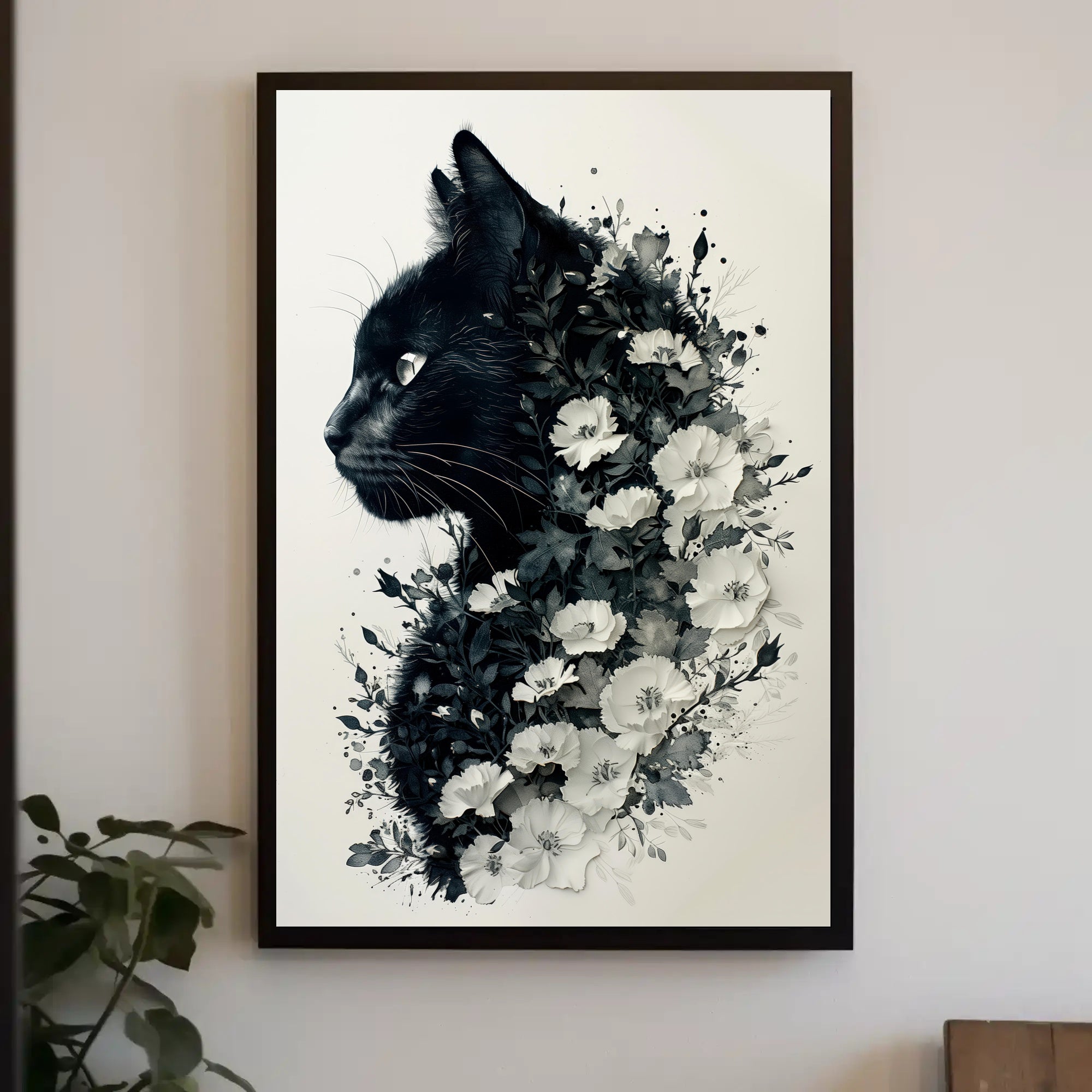 Black Cat and White Flowers Artistic Animal Poster PosterGoat