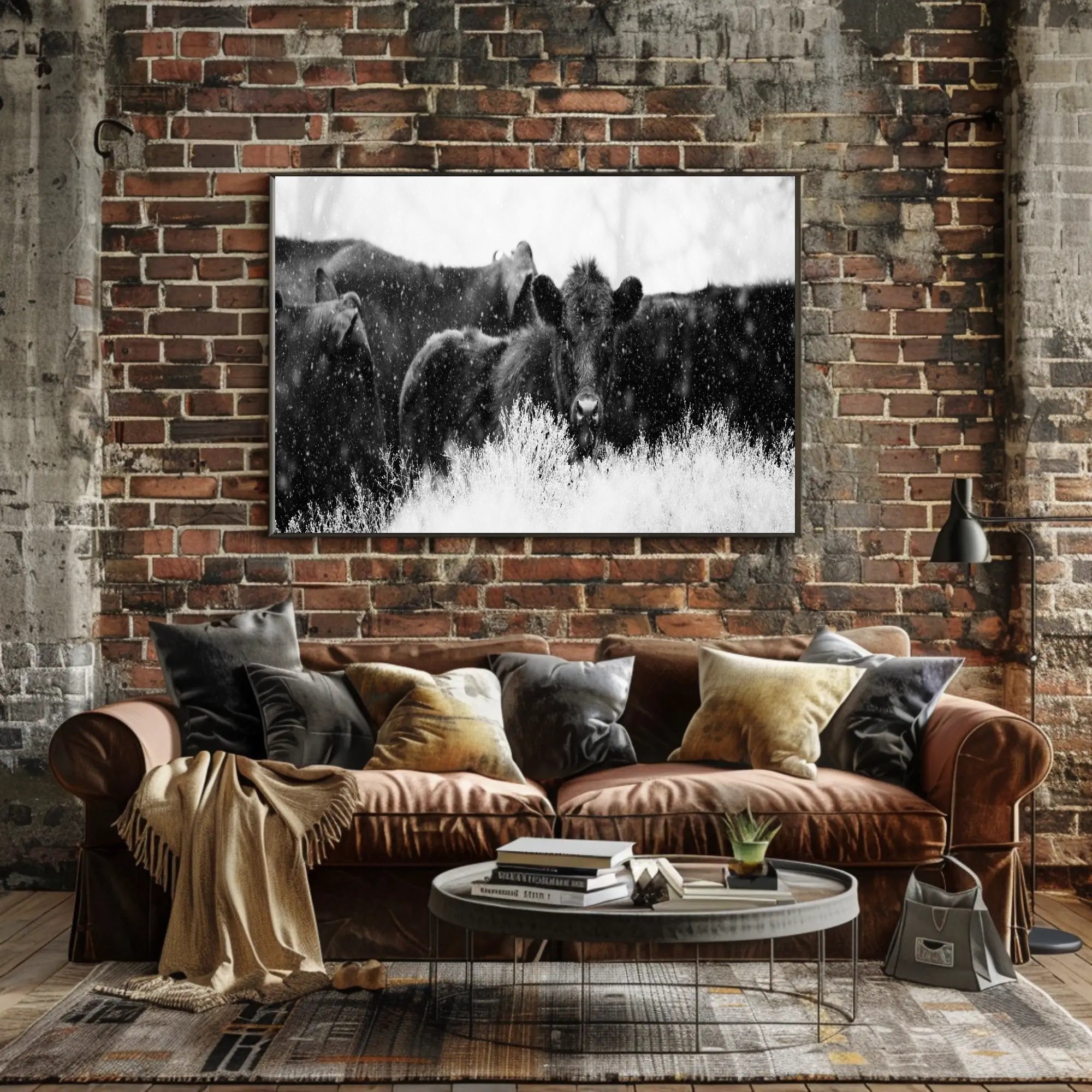 Black Cattle in Snowy Landscape Animal Poster PosterGoat