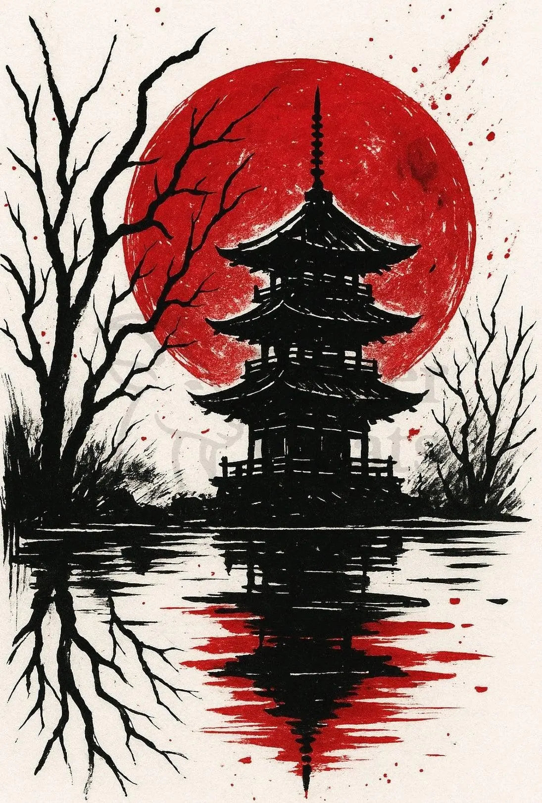 Blood Moon Over Pagoda Artistic Poster PosterGoat