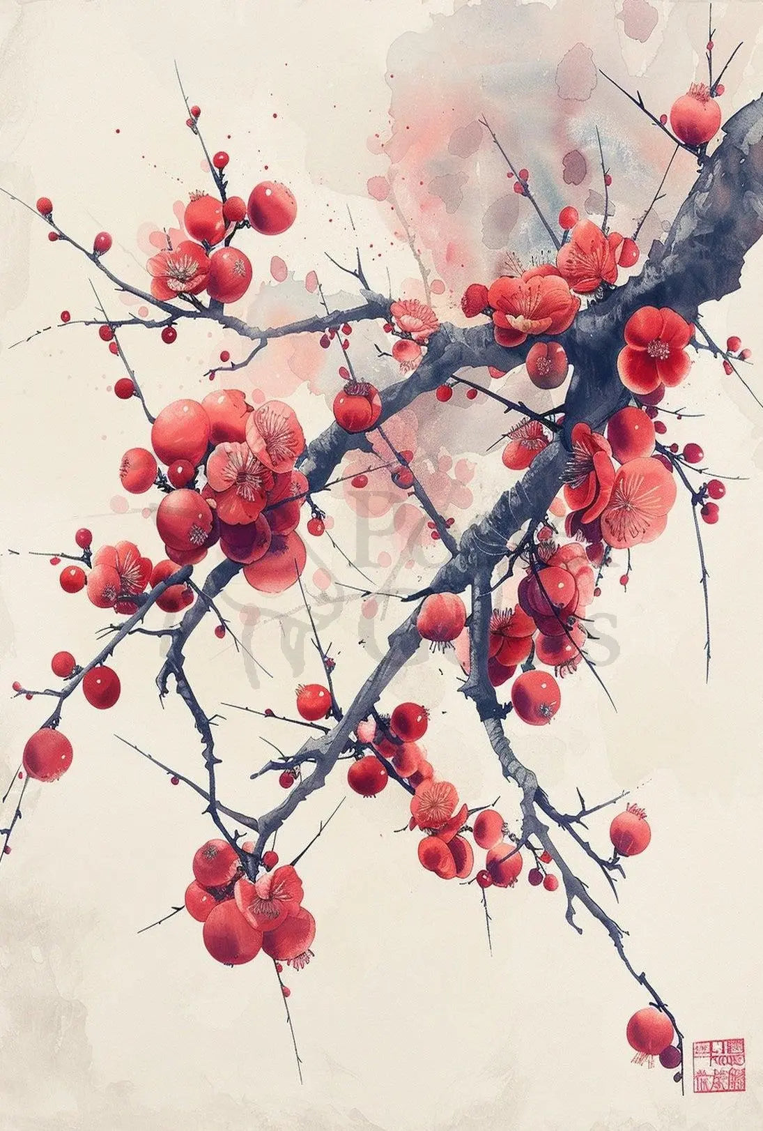 Blossoming Plum Branch East Asian Artistic Poster PosterGoat