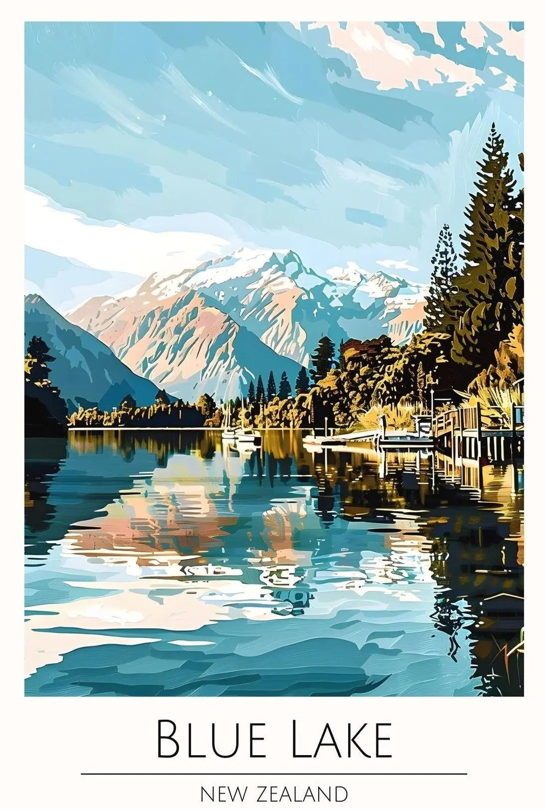Blue Lake New Zealand Stylized Nature Travel Poster PosterGoat