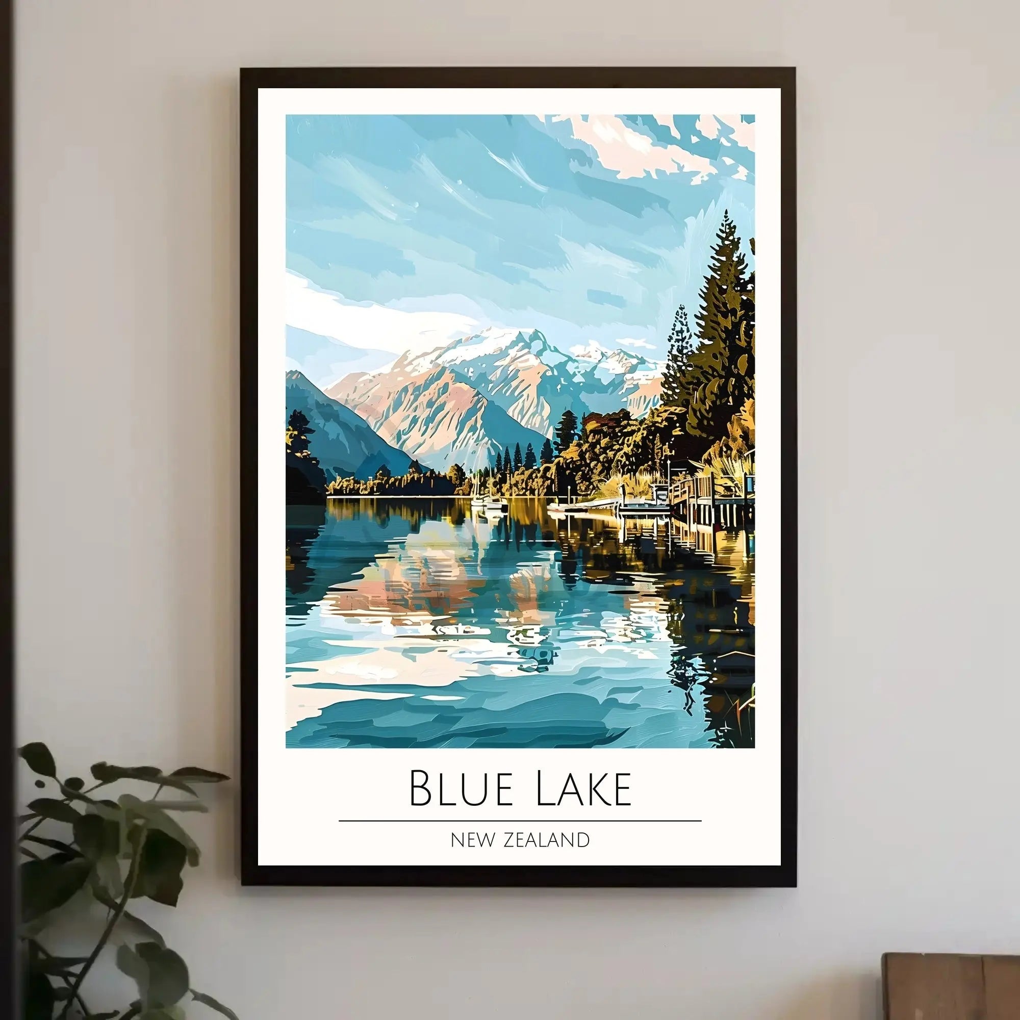 Blue Lake New Zealand Stylized Nature Travel Poster PosterGoat