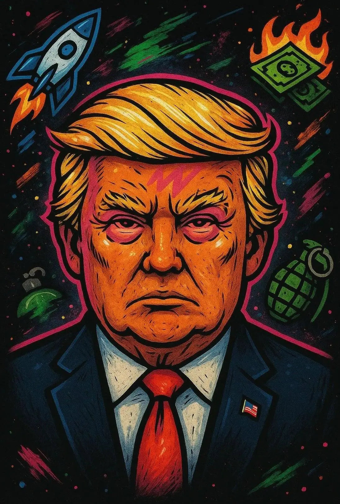 Bold Cartoon Political Figure with Symbols Political Poster PosterGoat