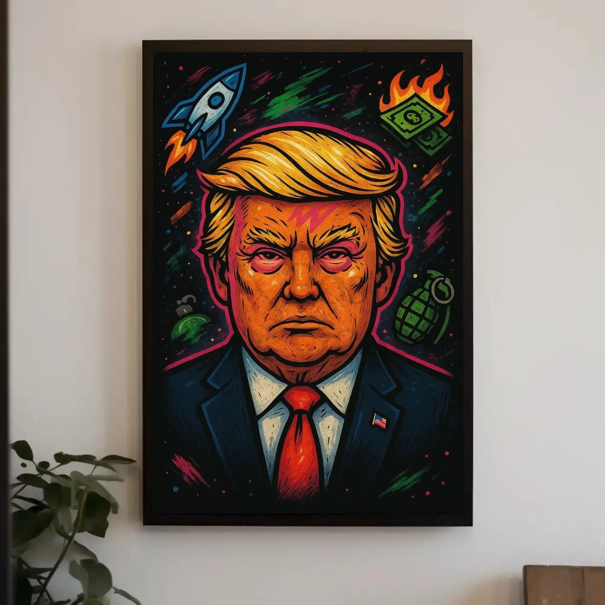 Bold Cartoon Political Figure with Symbols Political Poster PosterGoat