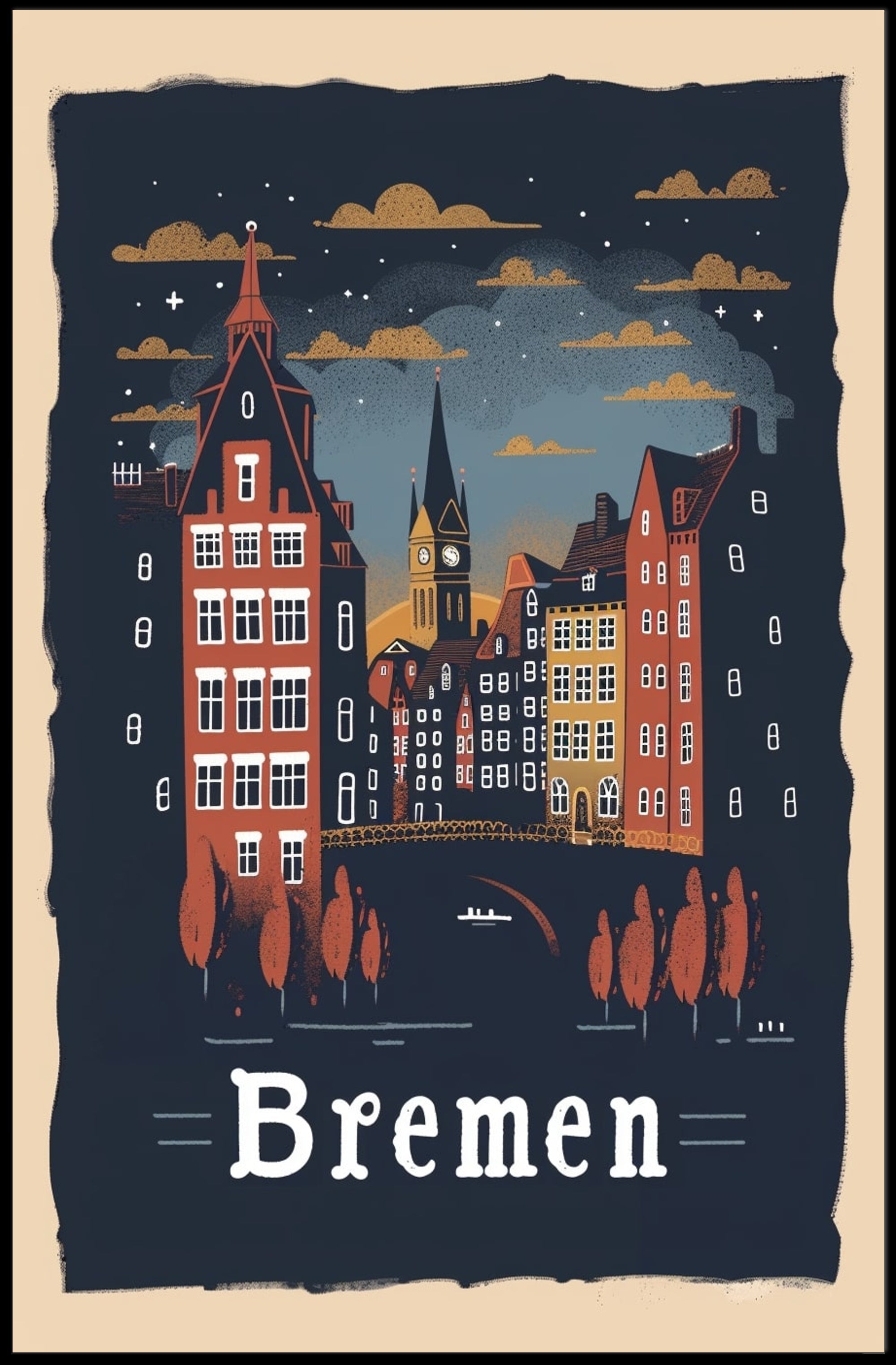 Bremen Nightscape: Vintage European Urban or Cityscape Poster PosterGoat
