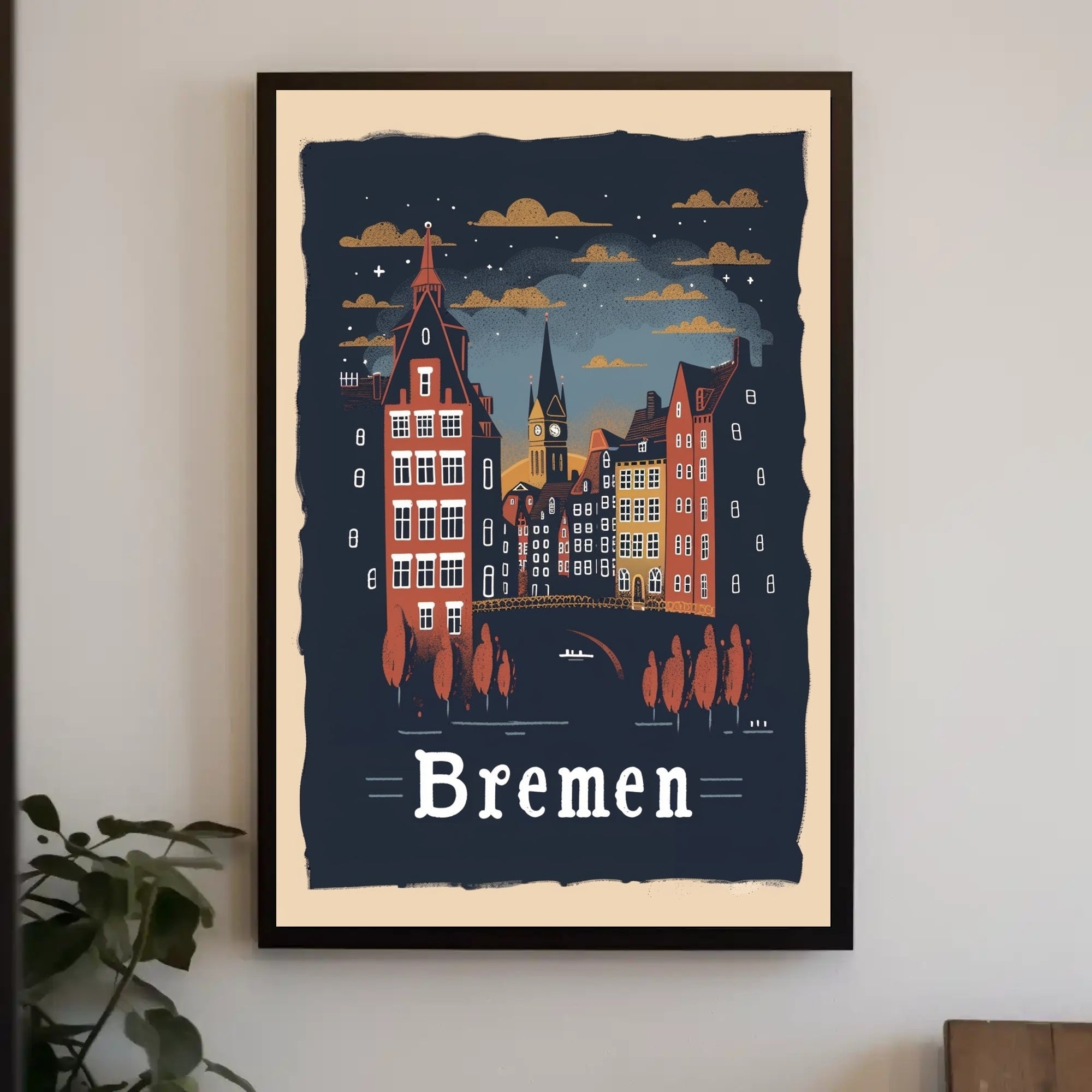 Bremen Nightscape: Vintage European Urban or Cityscape Poster PosterGoat
