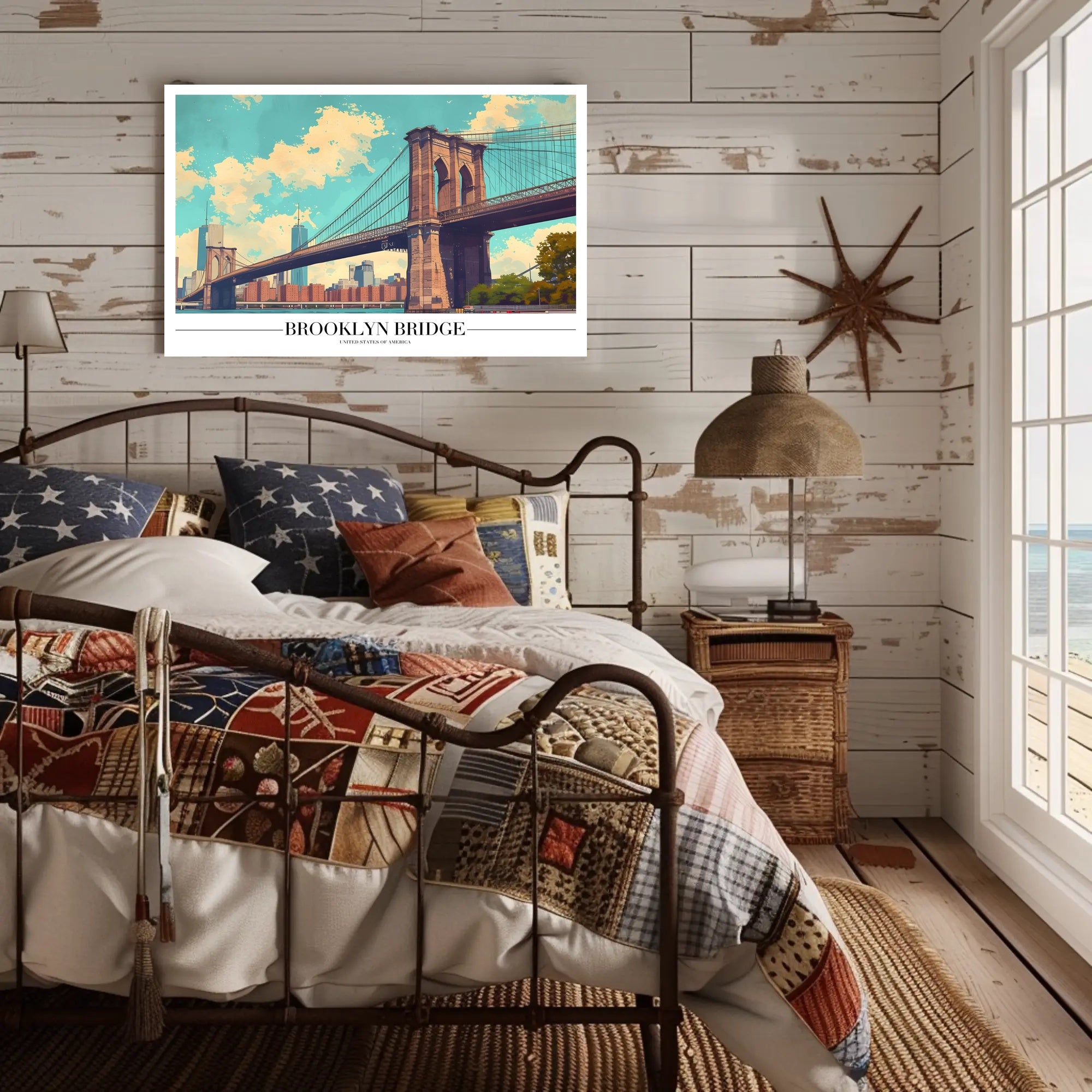 Brooklyn Bridge Retro Urban Cityscape Travel Poster PosterGoat