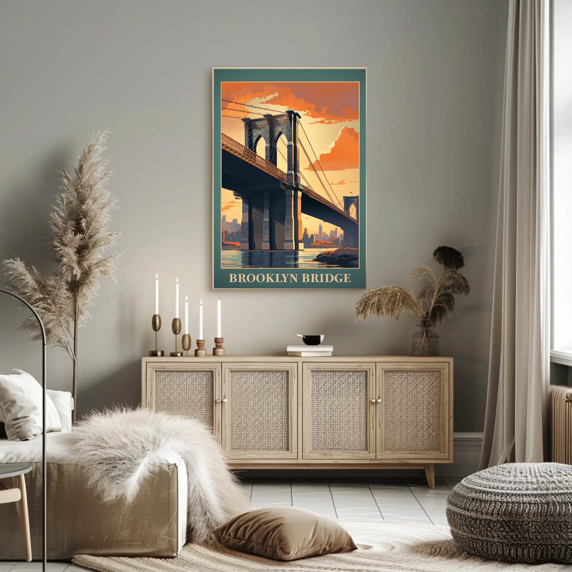 Brooklyn Bridge Sunset Vintage Travel Poster PosterGoat
