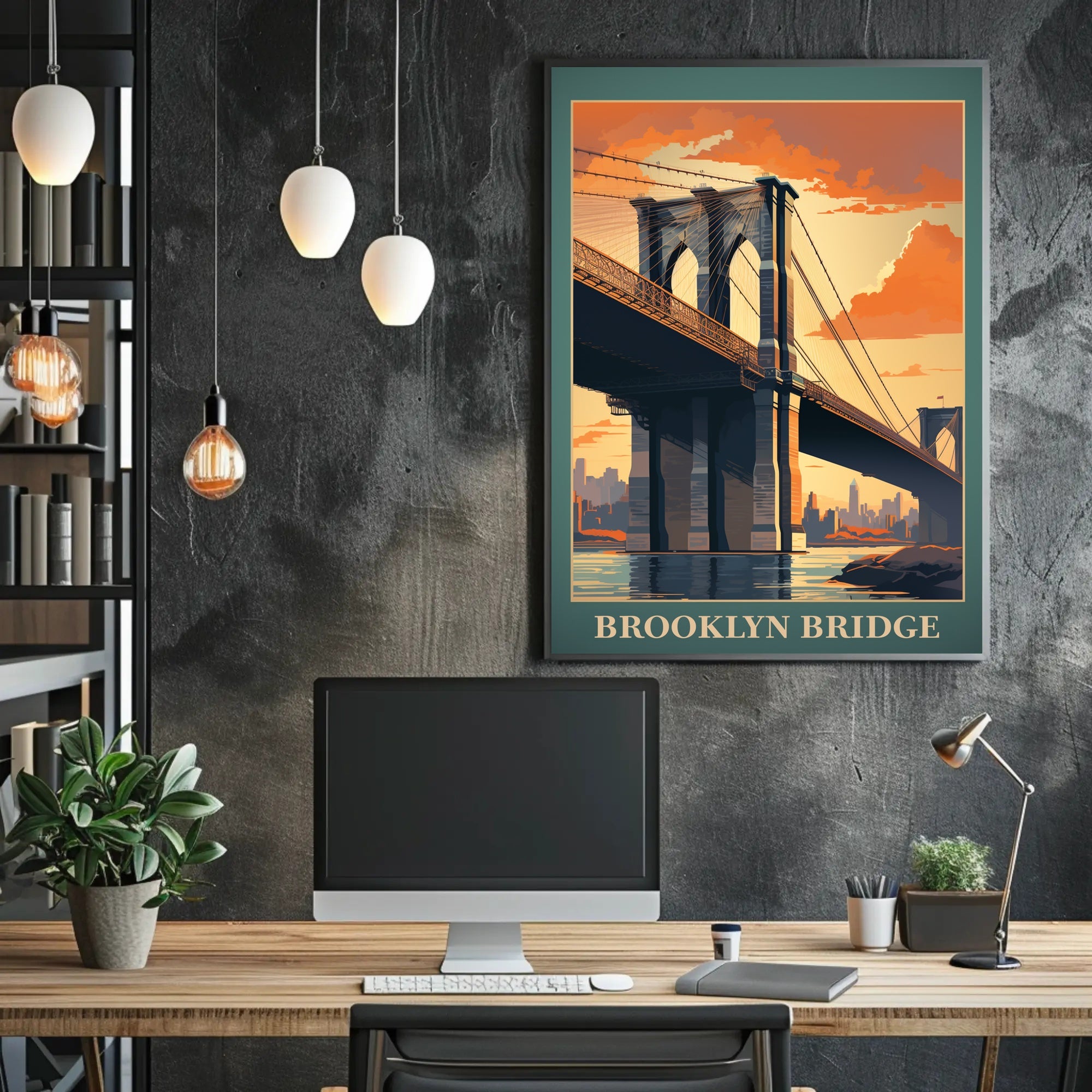 Brooklyn Bridge Sunset Vintage Travel Poster PosterGoat