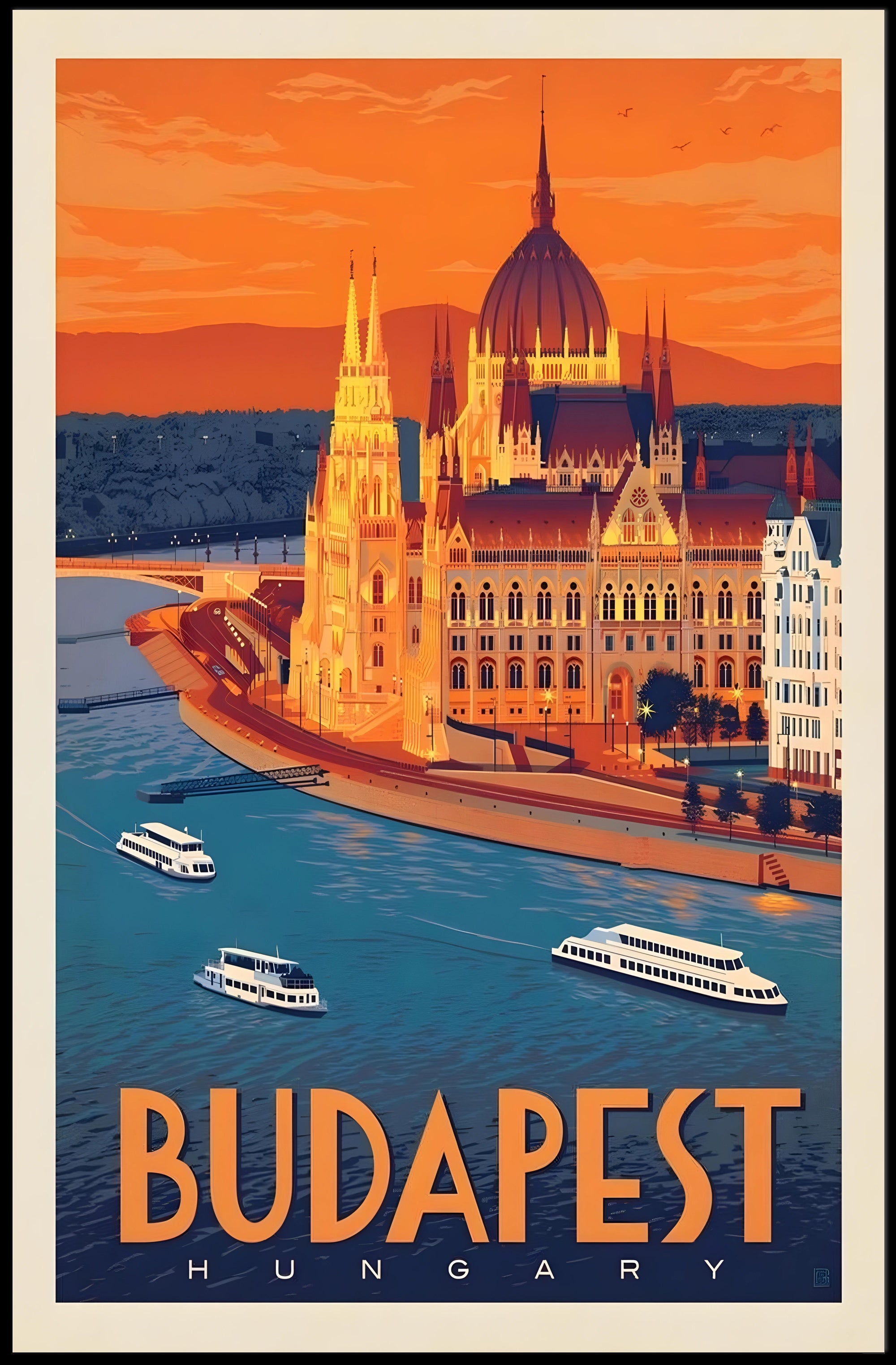 Budapest Travel Poster: Vintage-Style Hungarian Parliament and Danube Scene PosterGoat