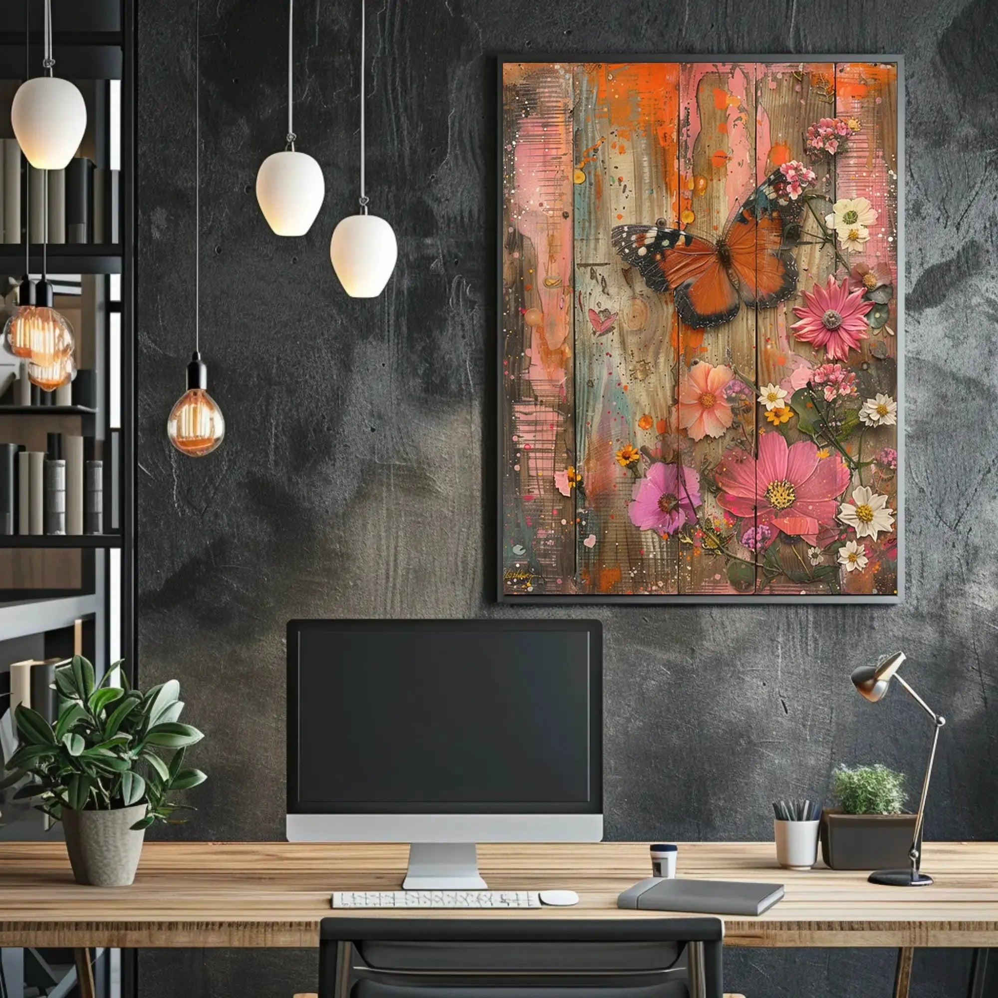 Butterfly and Blooms Rustic Abstract Artistic Poster PosterGoat