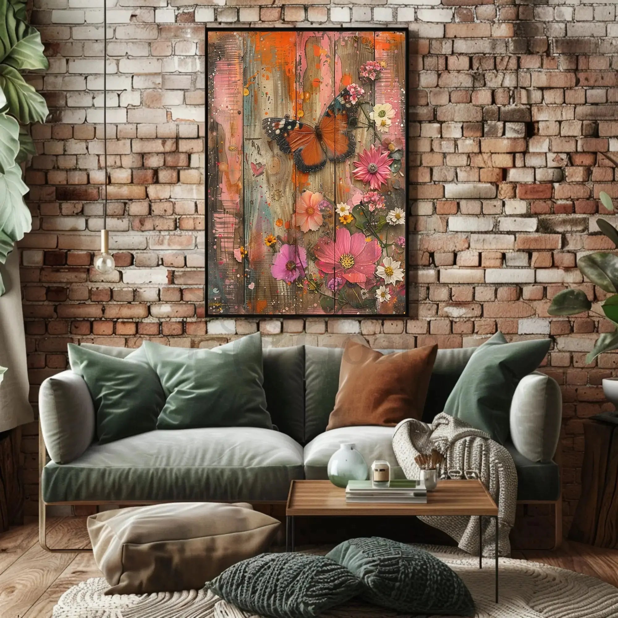 Butterfly and Blooms Rustic Abstract Artistic Poster PosterGoat