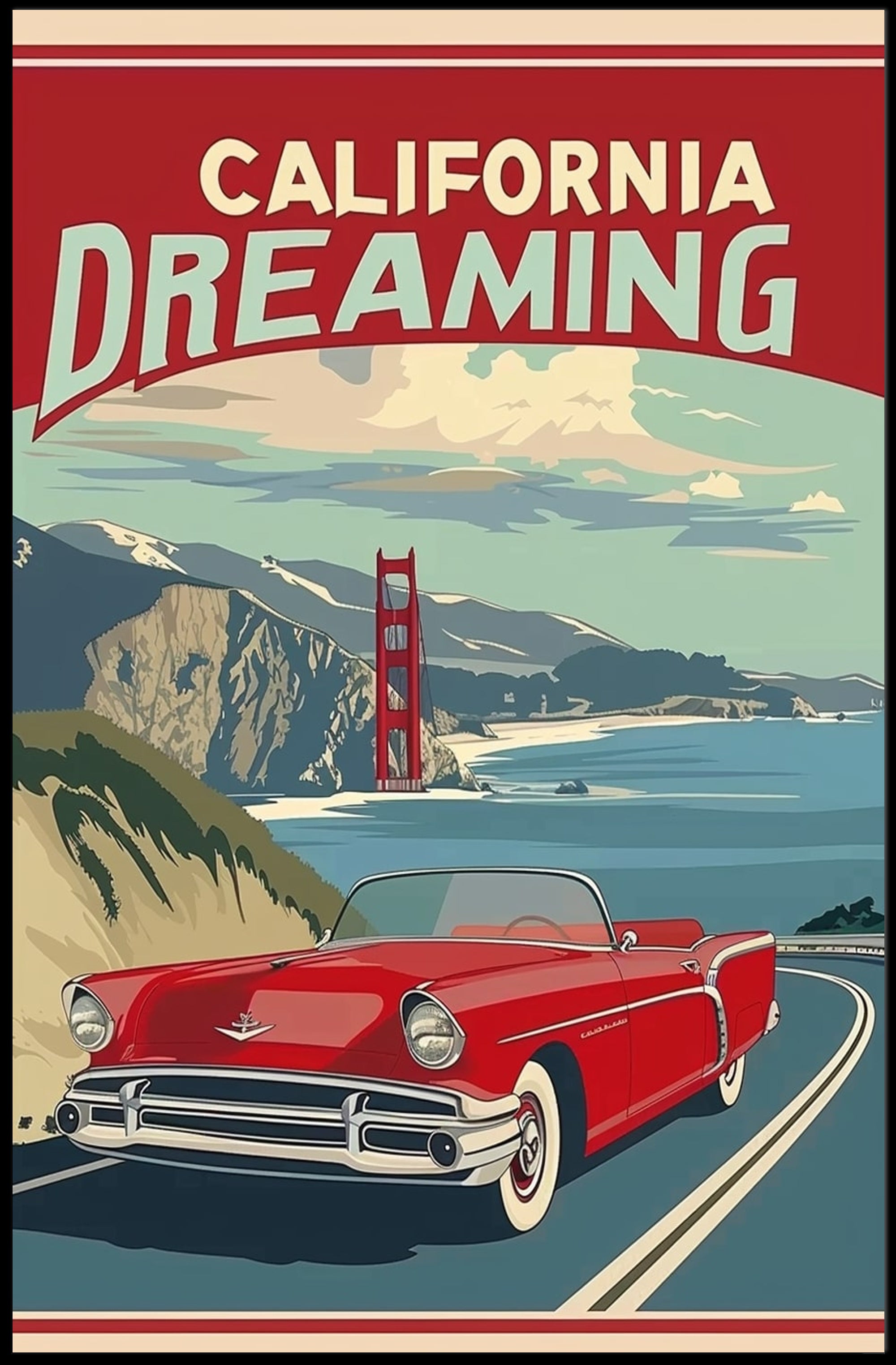California Dreaming Red Convertible Travel Poster PosterGoat