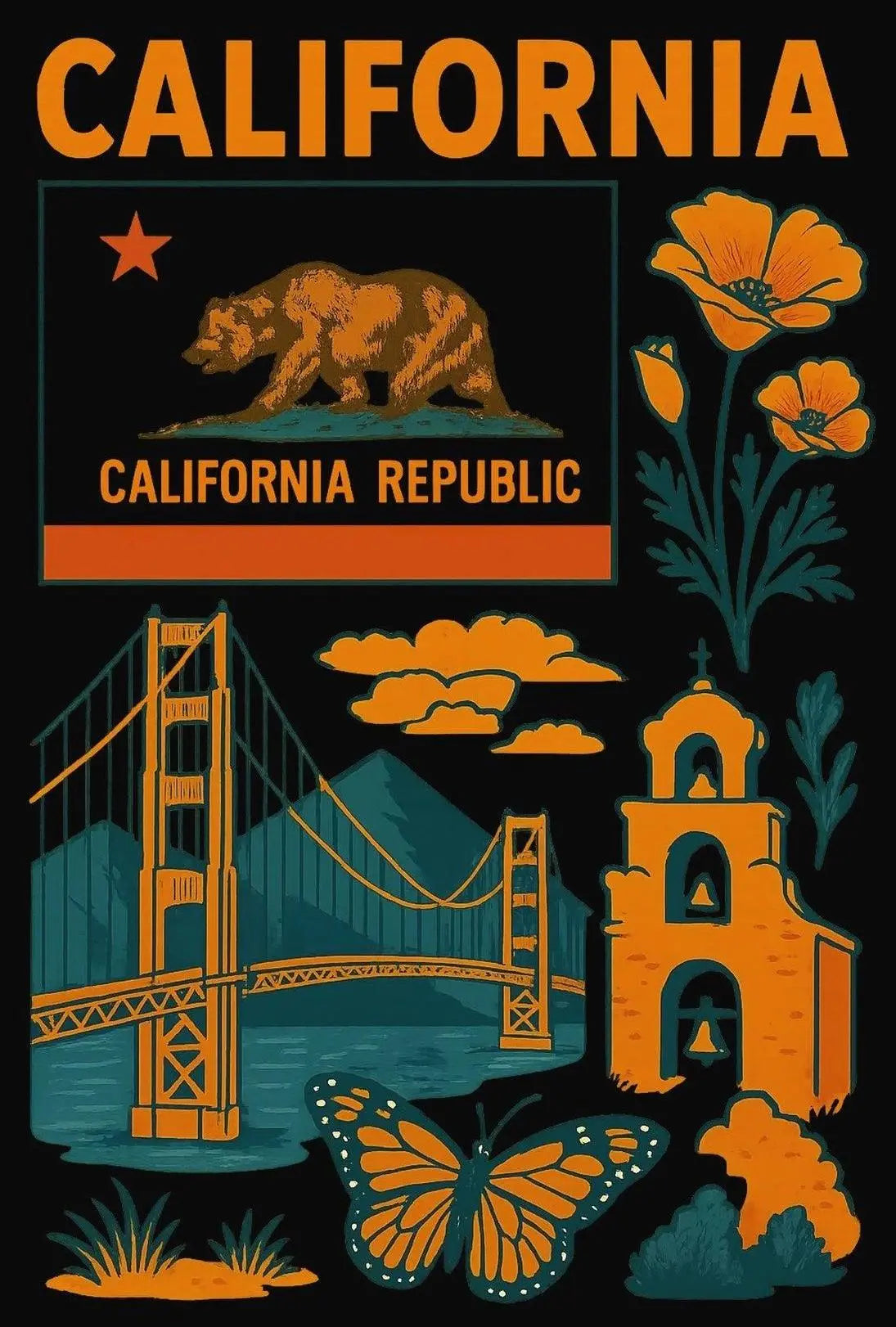 California's Iconic Symbols Vintage Travel Poster PosterGoat
