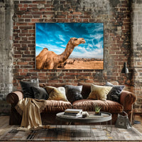Camel in Desert Landscape with Blue Sky Animal Poster PosterGoat