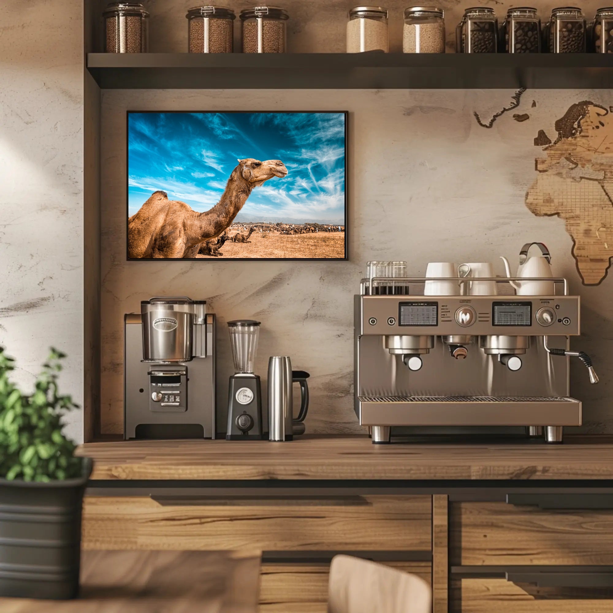 Camel in Desert Landscape with Blue Sky Animal Poster PosterGoat