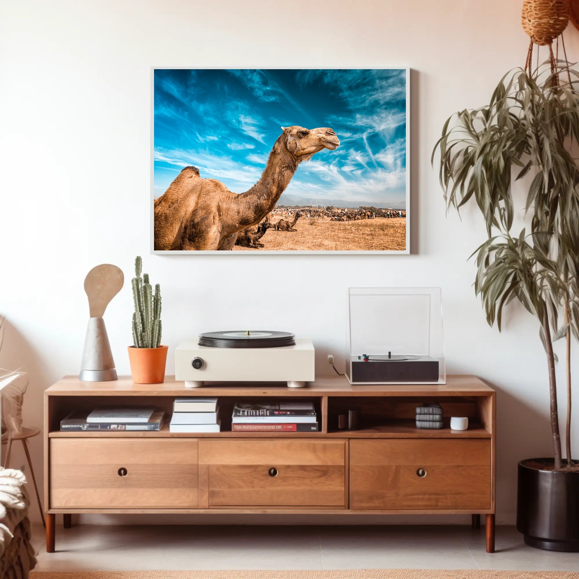 Camel in Desert Landscape with Blue Sky Animal Poster PosterGoat