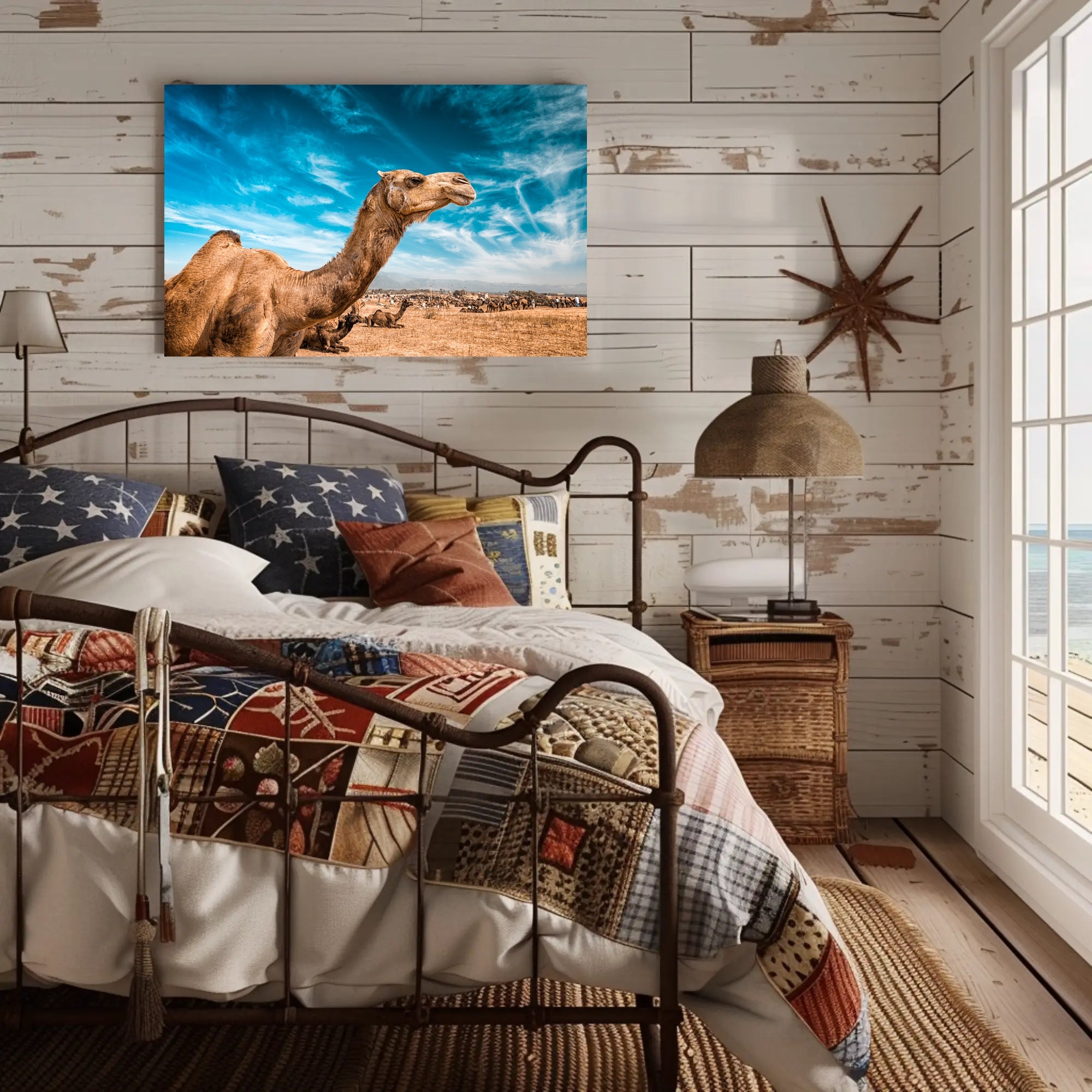 Camel in Desert Landscape with Blue Sky Animal Poster PosterGoat