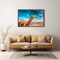 Camel in Desert Landscape with Blue Sky Animal Poster PosterGoat