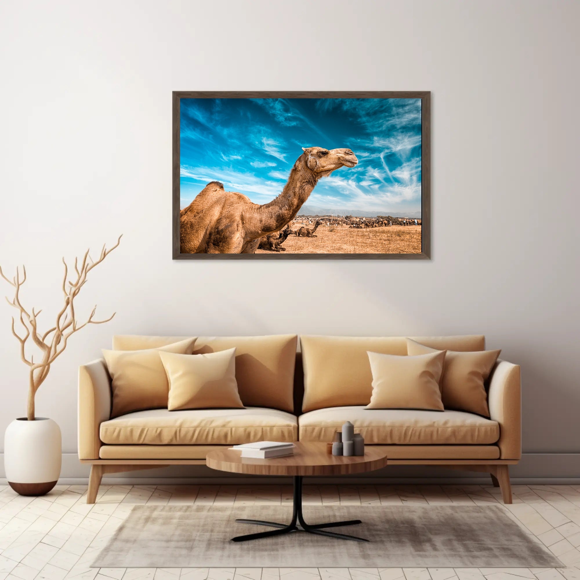 Camel in Desert Landscape with Blue Sky Animal Poster PosterGoat