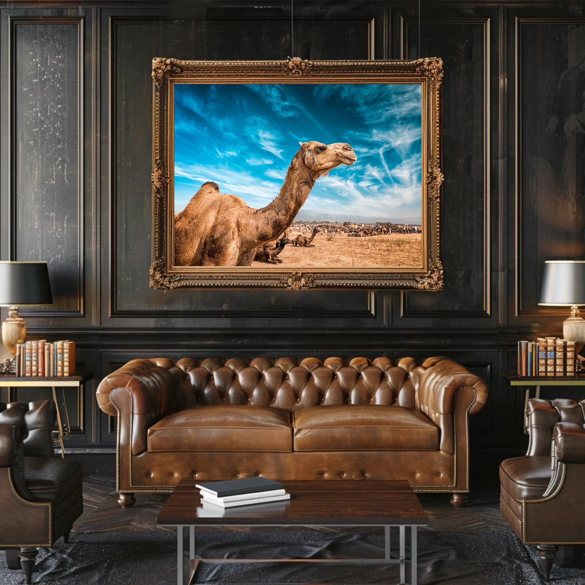 Camel in Desert Landscape with Blue Sky Animal Poster PosterGoat