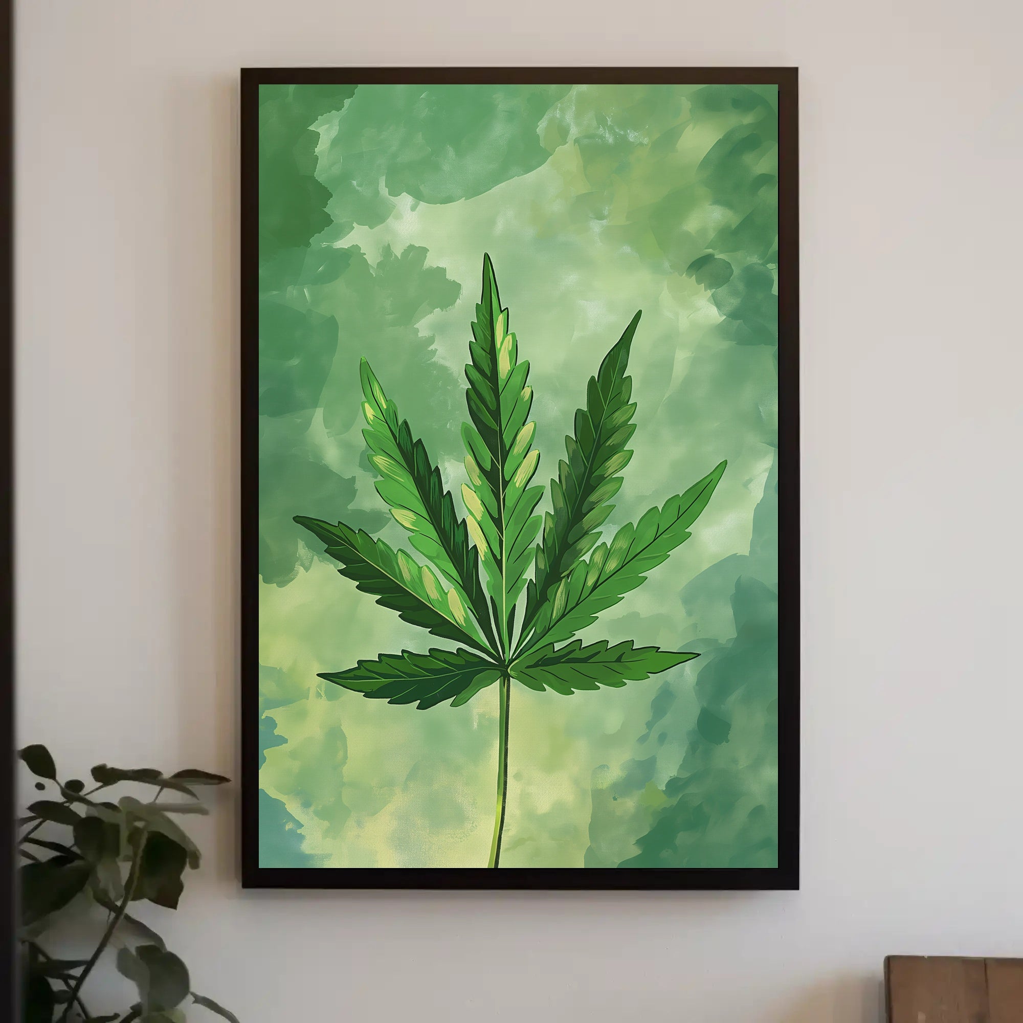 Cannabis Leaf Art on Earthy Green Background - Abstract or Artistic Poster PosterGoat