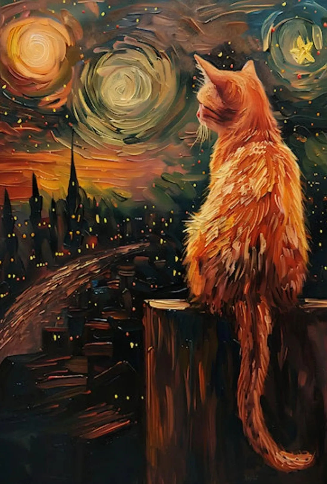 Cat Gazing Over Cityscape Artistic Animal Poster PosterGoat