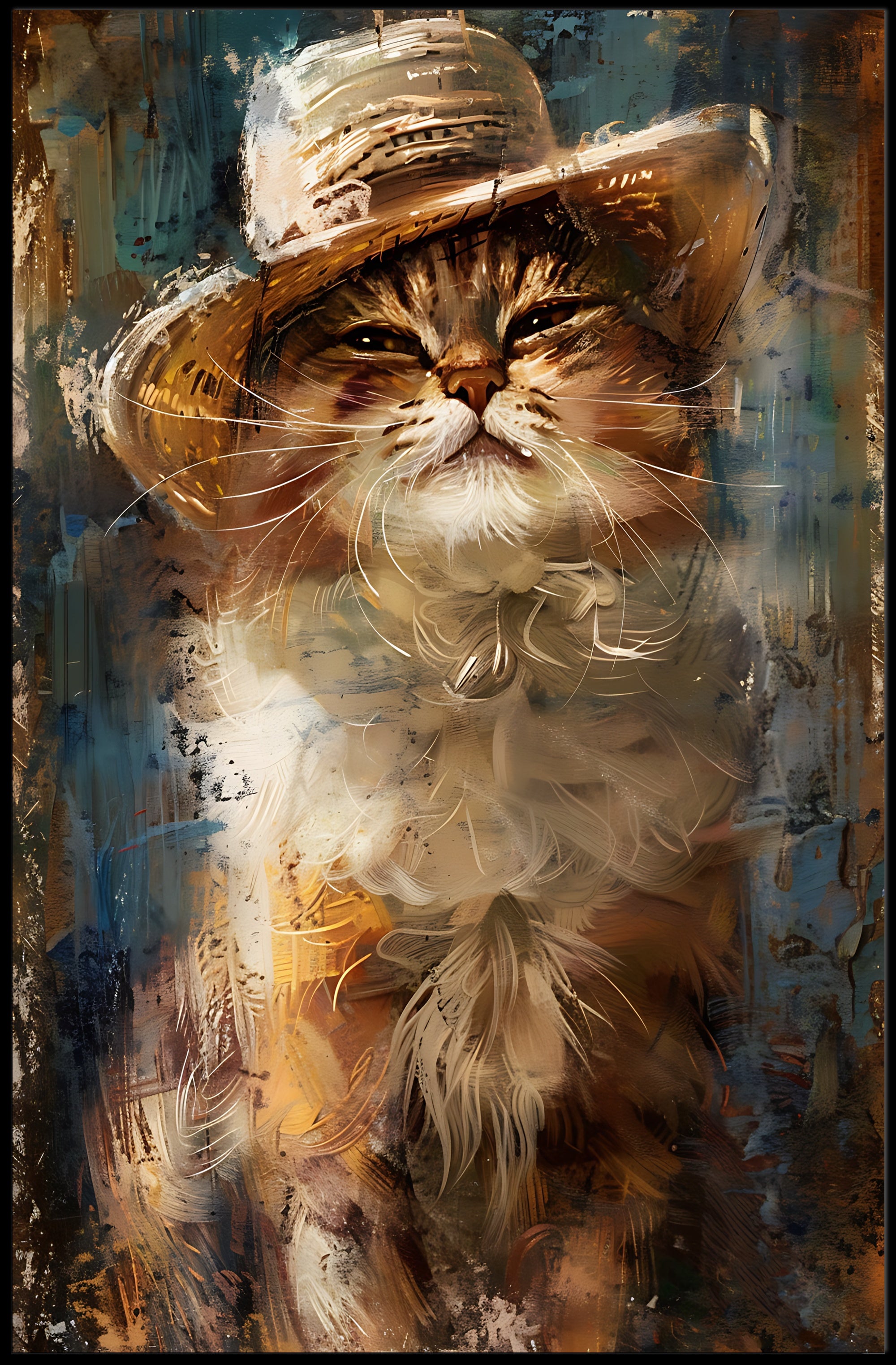 Cat in Straw Hat Countryside Scene Animal Poster PosterGoat