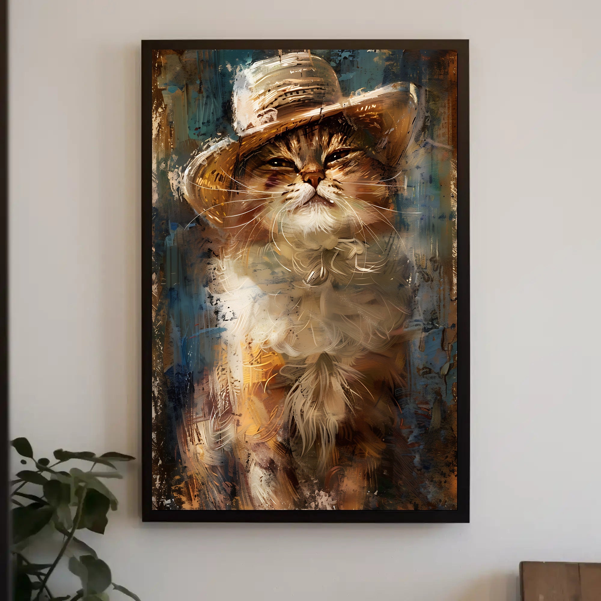 Cat in Straw Hat Countryside Scene Animal Poster PosterGoat