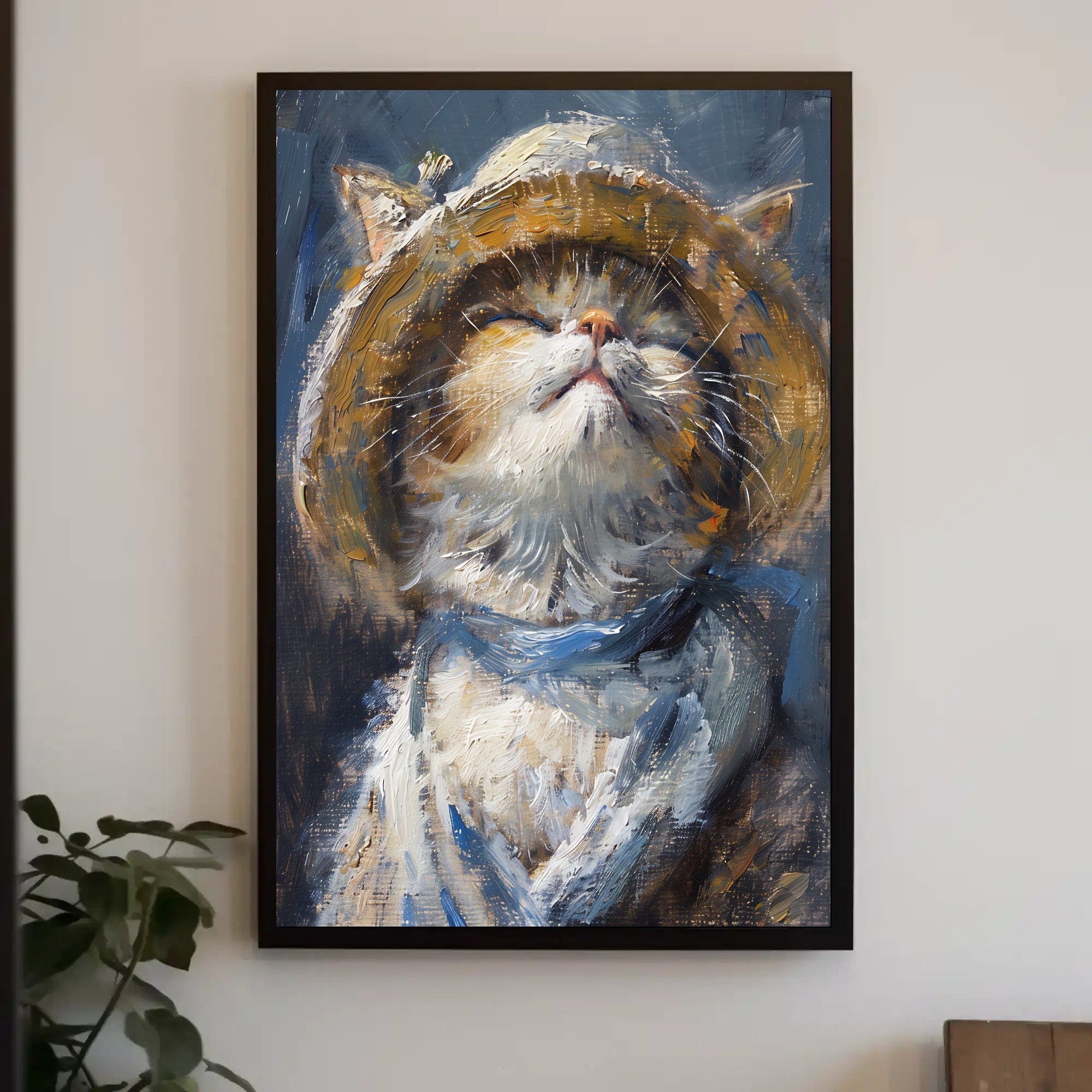 Cat in Straw Hat: Impressionistic Animal Poster PosterGoat