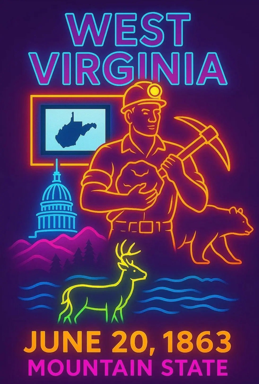 Celebratory Neon Tribute to West Virginia Heritage Poster PosterGoat